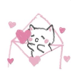 a drawing of a cat in an envelope with hearts