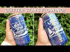 two pictures of glitter cans with the words glitter stays flowing on them and there is a hand holding one