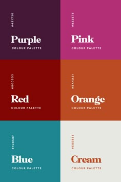 four different color palettes with the words red, orange, blue and pink