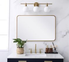 a bathroom vanity with a large mirror above it and a potted plant on the counter