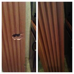 two pictures of the inside of a door with holes in it, and one has a hole that appears to have been opened