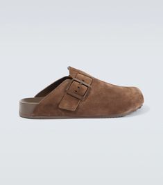 Sunday Suede Mules in Brown - Balenciaga | Mytheresa Brown Calf Leather Slip-on Mules, Suede Slip-on Clogs With Leather Sole, Brown Mules With Suede Lining And Slip-on Fit, Leather Slip-on Clogs With Suede Lining, Brown Slip-on Mules With Suede Lining, Brown Suede Closed Toe Mules, Brown Leather Mules With Suede Lining, Designer Brown Leather Mules, Luxury Leather Slip-on Mules