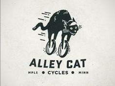 the logo for alley cat cycles has a black cat riding a bicycle on it's front wheel