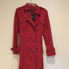 Brand New Women's Red Jacket With Belt. Red Long-sleeve Outerwear For Fall, Classic Burgundy Long Coat, Classic Long Burgundy Coat, Red Long Coat With Button Closure, Red Hooded Outerwear For Fall, Red Double-breasted Winter Outerwear, Classic Red Pea Coat For Fall, Red Double-breasted Outerwear For Winter, Red Long Sleeve Outerwear With Button Closure