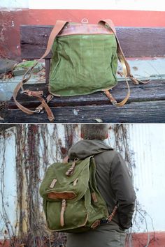 the back and side view of a green backpack on a bench with ivy growing around it