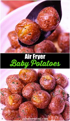 air fryer baby potatoes on a white plate with a spoon full of them and the title above it reads, air fryer baby potatoes