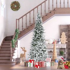 a dog sitting in front of a christmas tree with presents under the bannister