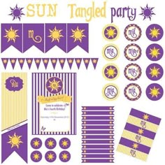 a purple and gold party set with sun decorations, tags, and stickers on it