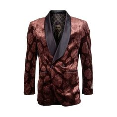 Looking for a stylish and sophisticated jacket that will set you apart from the crowd? Look no further than the Men's Slim Fit Shawl Lapel Rust Jacket with a repeating Rose Pattern. Crafted from high-quality materials, this jacket is designed to provide both comfort and durability. The slim fit cut creates a sleek, modern silhouette, while the shawl lapel adds a touch of timeless elegance. The repeating rose pattern on the Rust fabric is a unique and eye-catching feature that is sure to turn hea Rust Fabric, Mens Suit Jacket, Suit Waistcoat, Lapel Jacket, Slim Fit Suit, Three Piece Suit, Blazers For Men, Rose Pattern, Slim Fit Men