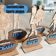 wooden cutouts of football players with the words customizable sports place on them