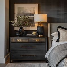 How to Style a Black Bedroom: Decor Ideas for a Bold Space Bedroom Dressers As Nightstands, Bedroom Mirror Behind Nightstand, Black Accent Room Bedroom, Black Nightstand Decor Ideas, Black Furniture Decor Ideas, Grey Bed Styling Ideas, Black Accent Bedroom Decor, Black Bed Styling