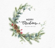 watercolor christmas wreath with pine cones and greenery on white background, merry christmas