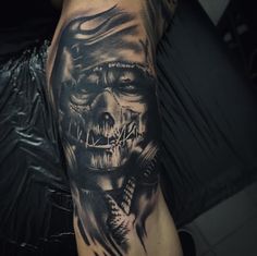 a man's arm with a tattoo on it that has a skull in the middle