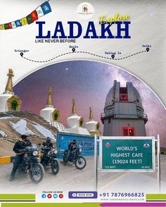 an advertisement for ladakh with two people on motorcycles in front of a building