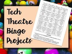 the text tech theatre bingo projects on top of an image of colorful balls and numbers