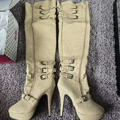 Nude Beige Tan Faux Vegan Leather Boots. Platform Heels. Lots Of Buckle Details. Over The Knee, Side Zip. Brand New, Never Worn. Comes With Original Box And Wrappings. Selling A Few Of My Over The Knee Boots. I Love These But I Know I'll Never Wear Them. Clean, Smoke Free Home. Paid $70 For Them, Need To Clear Out My Closet. Bling Cowgirl Boots, Steampunk Fashion Women, Vegan Leather Boots, Fashion Nova Shoes, Boots Platform, Size 11 Heels, Steampunk Fashion, Heel Boots, High Heel Boots