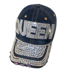 PRICES MAY VARY. Dazzling Design for Everyday Glamour: Embrace your inner queen with the Popfizzy rhinestone queen hats for women and girls. Featuring shimmering crystal embellishments on denim blue for a cool glam look. Adjustable for Perfect Fit: This bling queen ball cap is designed with an adjustable closure to ensure a comfortable fit for all-day wear. Perfect for casual chic or adding a glamorous touch to your denim ballcap. Versatile and Stylish Accessory: Elevate any outfit with this bed Trendy Rhinestone Cap, Bling Baseball Caps For Women, Trendy Snapback Baseball Cap With Rhinestones, Bling Trucker Hat, Denim Hats, Rhinestone Baseball Cap One Size, Bling Hats, Trendy Caps, Bling Gifts