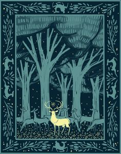 a deer in the woods with trees and stars