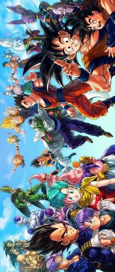 the dragon ball characters are flying through the air in this cartoon style photo, which appears to be an image of many different people