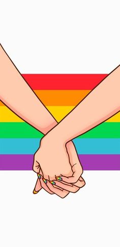 two people holding hands over each other in front of a rainbow flag