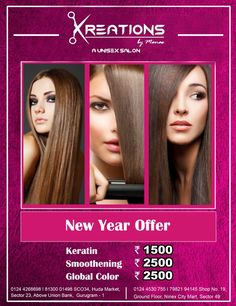 an advertisement for keratons hair salon with two women's faces and the words new year offer