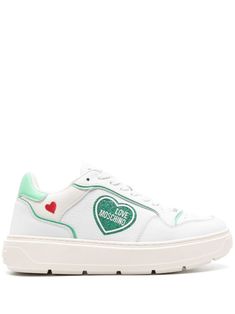 white/grass green calf leather grained texture logo print to the front logo-print tongue logo print to the side debossed logo to the rear heart motif glitter detailing pre-drilled holes front lace-up fastening round toe French terry lining branded insole flat rubber sole Moschino Shoes, Texture Logo, Debossed Logo, Heart Motif, Versace Outfit, Chanel 2, Glitter Shoes, Iconic Bags, Grass Green