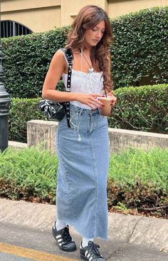 Isla Blue Denim Midi Skirt – Beginning Boutique US Long Denim Skirt Fit, Denim Midi Skirt Outfit, Long Denim Skirt Outfit, Skirt Outfit Summer, Samba Outfit, Girl Vibe, Midi Skirt Outfit, Denim Skirt Outfits, Long Denim Skirt