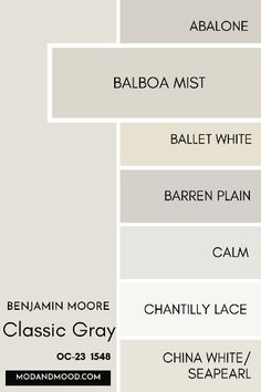 the color scheme for an interior paint swatch with different colors and names on it