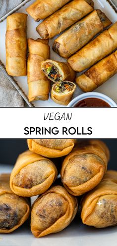 vegan spring rolls on a plate with dipping sauce in the middle and an image of them