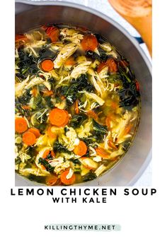 lemon chicken soup with kale and carrots in a large metal pot on a table