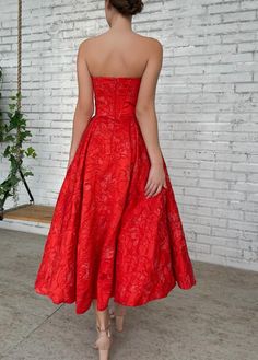 Crimson Ball Gown | Teuta Matoshi Crimson Red Dress, Teuta Matoshi, Red Dress Women, Custom Size Dresses, Crimson Red, Brocade Fabric, Romantic Style, Evening Dresses Prom, Cinched Waist