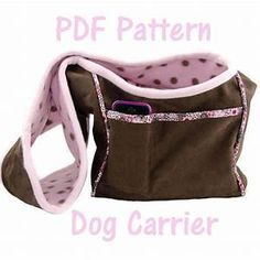 the dog carrier is brown and pink with polka dots on it's front pocket