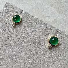 Created in 18 karat yellow gold Green chalcedony 2 carats approx. Diamonds 0.05 carat approx. Post backs for pierced ears Limited edition Elegant Green Cabochons As Gifts, Elegant Green Cabochons For Gifts, Elegant Round Chalcedony Gemstones, Green Chalcedony, Contemporary Earrings, Van Cleef And Arpels, Opal Earrings Stud, Opal Studs, Fashion Wishlist