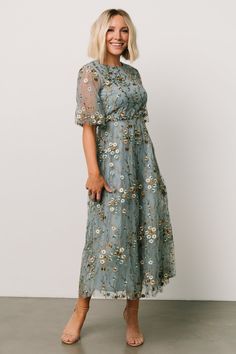 Arabella Embroidered Tulle Maxi Dress | Dusty Blue Floral Floral Print Mother Of The Bride Dresses, Mid Length Mother Of The Bride Dresses, Sage Green Dress Floral, Floral Mob Dress, Floral Mother Of The Bride Dress, Mother Of The Bride Floral Dress, Spring Outdoor Wedding Guest Dress, Mother Of Bride And Groom Dresses, Dusty Blue Wedding Guest Dress