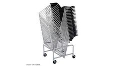 a metal rack filled with lots of black and white plates on wheels, against a white background