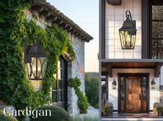 the front and side of a house with ivy growing on it's walls, along with an entry door