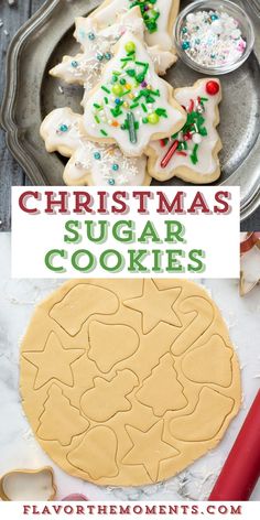 christmas sugar cookies on a tray with the words, christmas sugar cookies overlayed