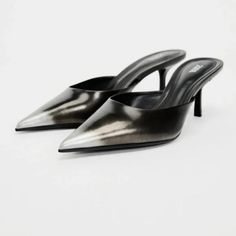 New With Tag Zara S/S 2024 Collection Open Back Heeled Mules With Distressed Effect. Pointed Toe. Heel Height: 2.8 Inches (7 Cm) Upper 100% Polyurethane Lining 100% Polyurethane Sole 100% Polyurethane Thermoplastic Insole 100% Polyurethane Clothing Care Guide: Do Not Wash Do Not Submerge In Water Do Not Use Bleach / Whitener Leather/Patent Leather/Glossy Finish Leather. Clean With A Dry Cotton Cloth. Do Notiron Suede/Nubuck/Split Leather. Clean With A Soft Brush Or Stiff Sponge. Do Not Dry Clean Elegant Gray Spring Heels, Chic Fitted Gray Heels, Gray Summer Party Heels, Chic Gray Pointed Toe Heels, Gray Fitted Heels For Evening, Fitted Gray Heels For Evening, Gray Heels For Summer Evenings, Chic Gray Heels For Summer, Chic Gray Summer Heels