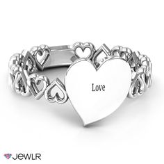 The traditional ring band is replaced on this item with beautifully cut-out hearts that meet in the center with a solid large heart, perfectly polished. The center piece can be engraved with up to 9 characters to feature names, initials, a special message or a memorable date. The perfect gift to say your heart will always keep room for the love of your life. Have the Engravable Cut Out Hearts Ring custom made in sterling silver, 10K or 14K white, yellow or rose gold. Daughter Ring, Traditional Ring, Heart Promise Rings, Bridesmaid Rings, Family Rings, Love Of Your Life, Mens Engagement, Large Heart, Ring Ideas