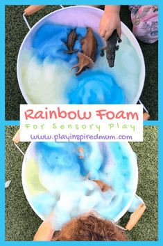 the rainbow foam is being used to make an art project for kids with dinosaurs in it