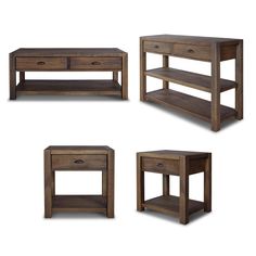 four pieces of furniture including a coffee table, end table and end table with drawers