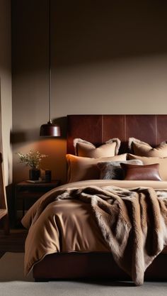 a bed with brown sheets and pillows in a room