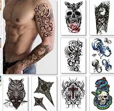 many different tattoos are shown on this page, including an image of a man's chest and arm