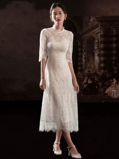 White Simple Wedding Dress A-Line Jewel Neck Half Sleeves Lace Tea Length Bridal Gowns Older Bride Dresses Over 50 Vintage, Wedding Dresses For 50-60 Year Olds, White Vintage Tea Dress, Boho Wedding Dress With Sleeves Short Tea Length, Ankle Length Wedding Dress Bohemian, Vintage Lace Wedding Dress Tea Length, Long Sleeve Deco City Hall Wedding Dress, Half Sleeve Lace Dress, Courthouse Wedding Dress Carol Hannah