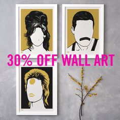 two framed pictures with the words 30 % off wall art on them next to a plant