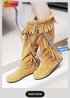 Studded Tassel Western Moccasin Boots Casual Brown Boots With Tassels, Festival Boots With Tassels And Round Toe, Casual Leather Boots With Tassels, Western Boots With Tassels And Round Toe, Bohemian Boots With Tassels And Round Toe, Casual Brown Moccasins With Tassels, Suede Fringe Boots With Closed Toe, Bohemian Fringe Boots With Round Toe, Bohemian Style Fringe Boots With Round Toe