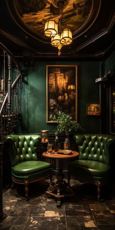 a room with green leather couches and a painting on the wall