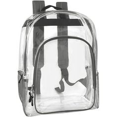 a clear backpack with black handles and straps