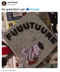 a graduation cap with the word futurum on it and an image of a cartoon character