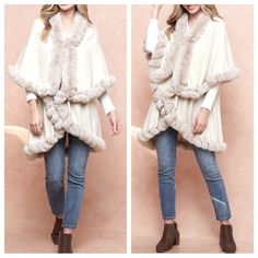 Faux Fur Shawl Women Fine Knit Open Front Faux Fur Trim Layers Poncho Cape Cardigan Sold In S/M And L/Xl Sizes Label Chic One-size Winter Outerwear, Cozy One Size Cream Outerwear, Fall Cardigan With Faux Fur Trim For Cold Weather, Fitted Cozy Outerwear With Faux Fur Trim, Fur Trim Cardigan, Long Quilted Coat, Faux Fur Hooded Jacket, Faux Fur Shawl, Chic Quilts